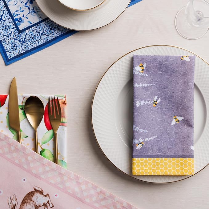 Maison d' Hermine Cloth Napkins Set of 4 100% Cotton Soft & Durable Everyday Reusable Square Napkins Cloth Washable, Dinner, Cocktail Party, Wedding, Restaurant (Bees are Buzzing, 18" x 18")
