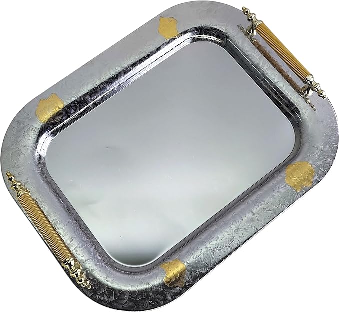 18 inch x 14.1 inch Oblong Chrome Plated Serving Tray with Handles Iron Gold Floral Engraved Decorative Party Wedding Dessert Buffet Wine Decor Platter Plate Base NC-126