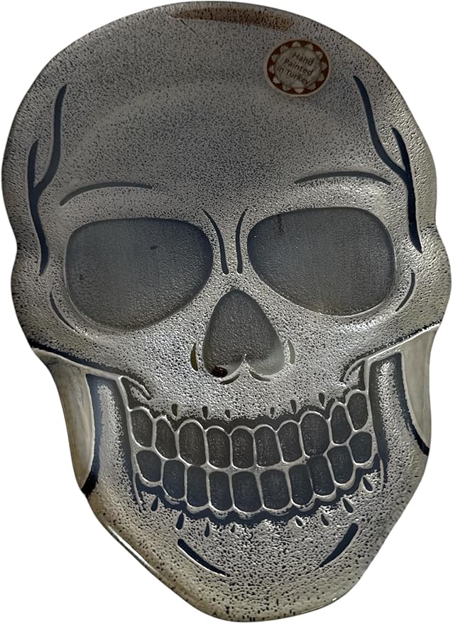 Gothic Grinning Skull Face Glass Serving Tray, Hand Painted Turkish Glass Halloween Dish Plate, Silver, 13 x 8.5 x 0.5 Inches