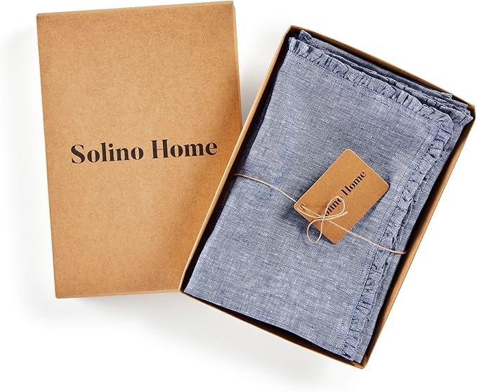 Solino Home Chambray Indigo Linen Dinner Napkins 20 x 20 Inch - 100% Pure Linen Juliette Ruffle Cloth Napkins Set of 4 - Handcrafted and Machine Washable