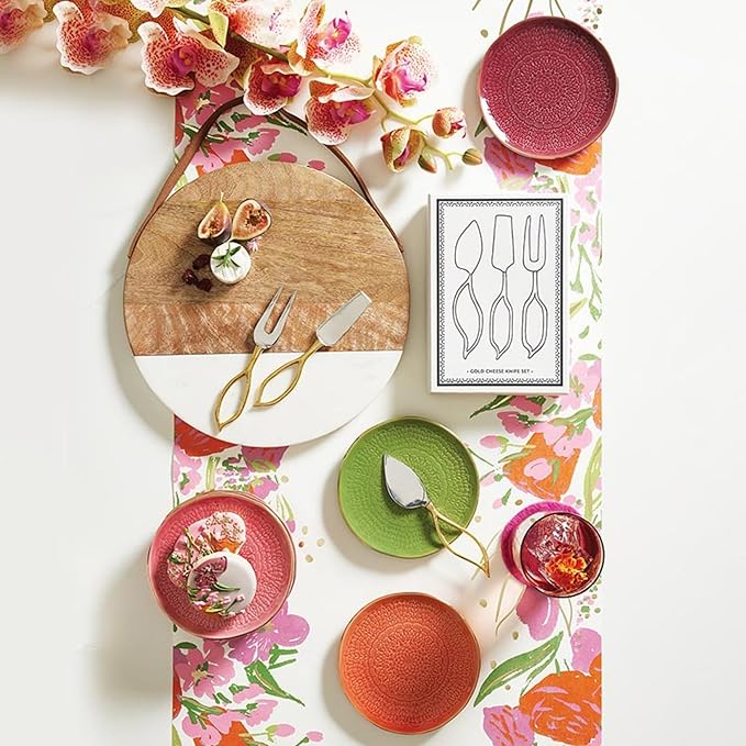 Santa Barbara Design Studio 4-Piece Appetizer Plates Set Gold Rim Stamped Ceramic Dessert Plates, 6" Diameter, Maroon/Pink/Orange/Green