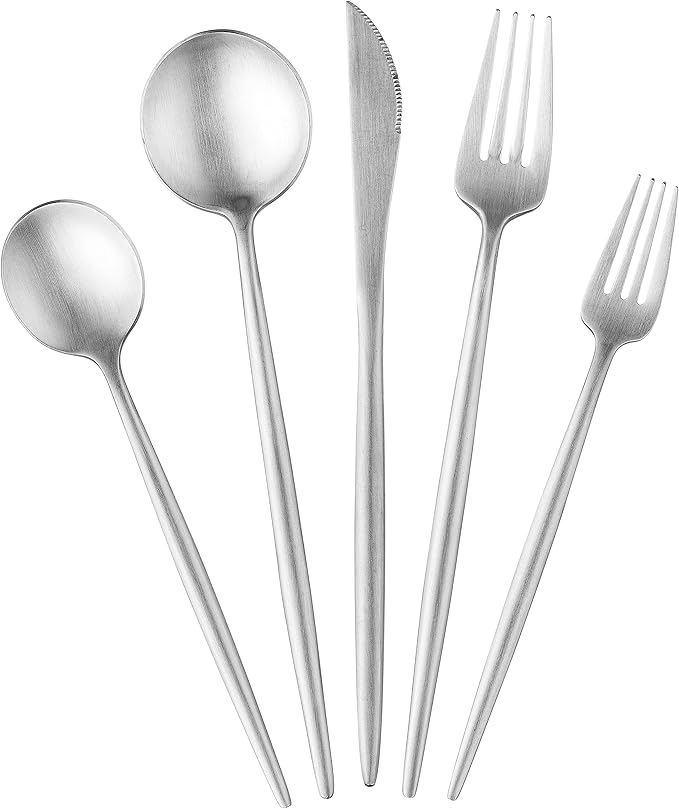 Vikko Decor Modern Silverware Set, Brushed Silver Flatware Set, 18/10 Stainless Steel, Elegant Long Handled Cutlery, Satin Matte Silverware for Upscale Dining, 20 Pc Set, Service for Four(4)