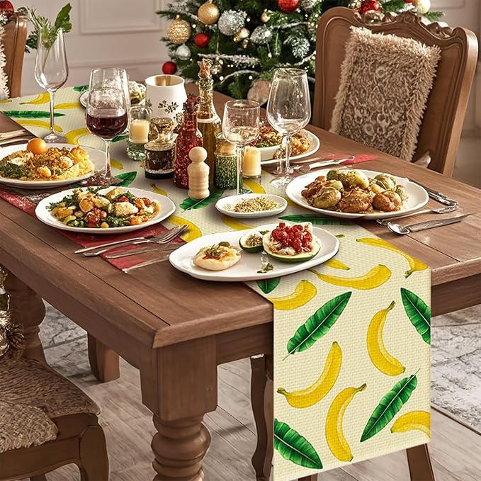 Banana Leaves Table Runner Seasonal Spring Kitchen Dining Linen Table Decoration for Indoor Outdoor Home Party Decor 13 x 72 Inch