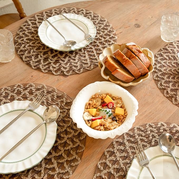Noctiflorous Round Burlap Placemats Set of 6 Jute Rustic Place Mats for Dining Table Heat Resistant Natural Farmhouse Table Mats Decor (Jute Mesh, 6)
