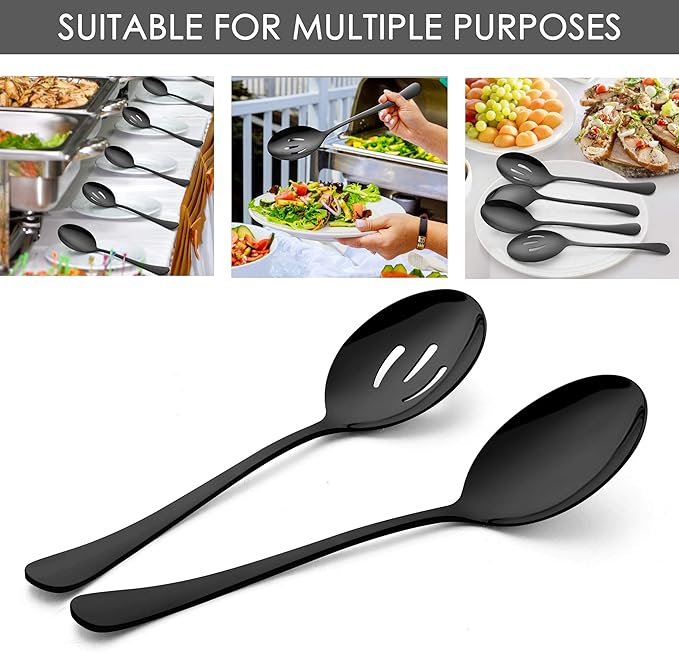 LIANYU 8 Pack Large Black Serving Spoons, 9.8 Inch Stainless Steel Slotted Serving Utensils Spoon Set for Banquet Catering Buffet Dinner Restaurant Party