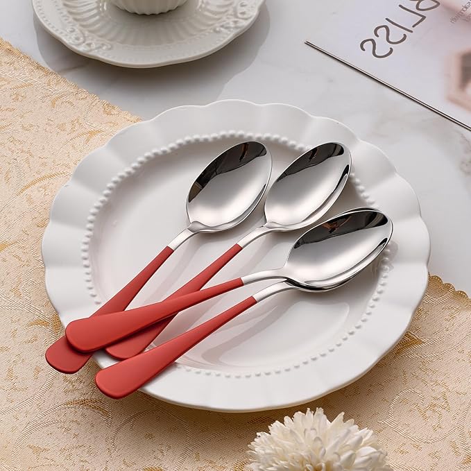 Red Dinne spoons Set 12 Piece,Red Handle Silverware 18/0 Stainless Steel Flatware Bulk,7.3-inch Dessert Spoons Sets Table Set of 12,Mirror Finished Dishwasher Safe