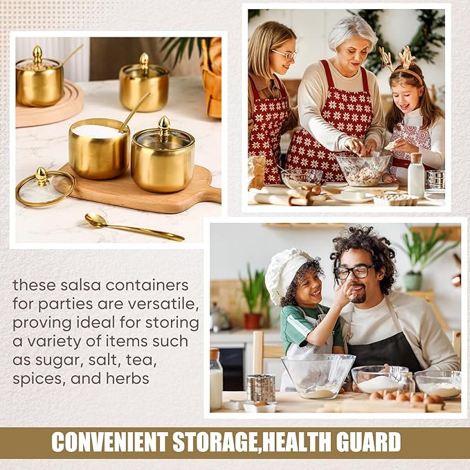 Baderke 4 Pcs 9.8 oz Stainless Steel Sugar Bowl Sugar Container Condiment Dispenser with Lid and Spoon with Tag for Spice Coffee Tea Pepper Herbs(Gold)