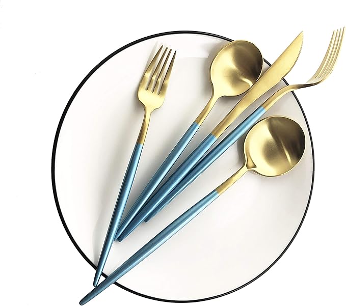 Silverware Set, Hand polished Matte Gold Blue Flatware Cutlery Set Service for 2, Satin Finish 10 Pieces 18/10 Stainless Steel Utensils Set for Home and Restaurant, Dishwasher Safe