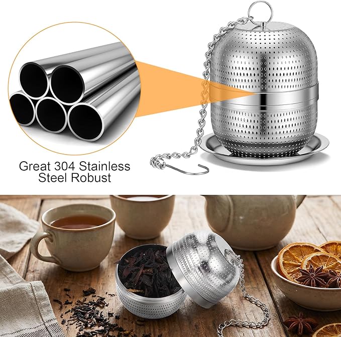 Tea Ball Infuser for Loose Tea, Stainless Steel Mesh Loose Leaf Steeper Diffuser with Drip Tray, Extra Fine Mesh Tea Strainer with Chain Hook and Threaded Lid for Black Tea, Rooibos, etc