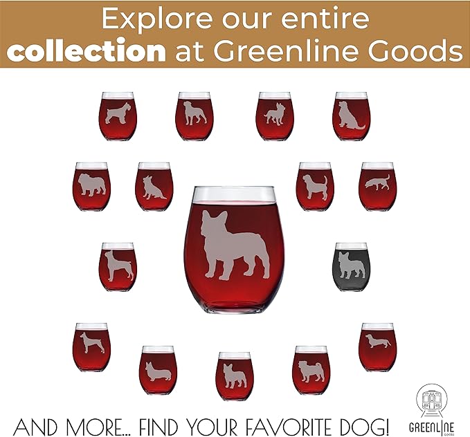 Greenline Goods French Bulldog Stemless Wine Glasses (Set of 2) - Unique for Dog Lovers - Etched 2-Sided Frenchie Silhouette with Breed Name on the Bottom