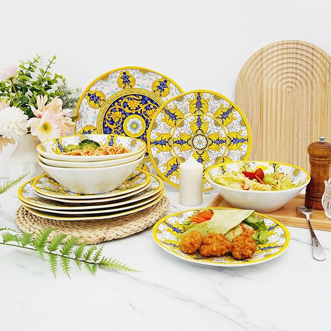 TP 12-Piece Dinnerware Set, Melamine Dishes Set with Bowls and Plates, Non-breakable and Lightweight Dinner Service for 4, Luxury Yellow
