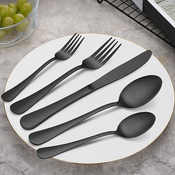 Herogo 20-Piece Matte Black Silverware Set with Drawer Organizer, Stainless Steel Flatware Cutlery Set for 4, Modern Tableware Eating Utensils with Tray, Dishwasher Safe, Satin Finish