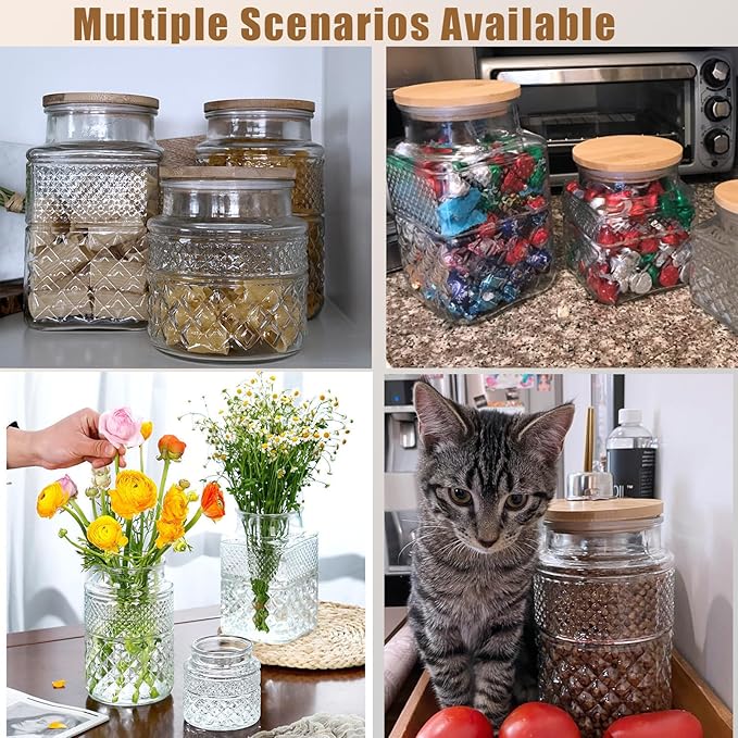 Viovian 60 OZ Vintage Glass Jar with Lid Wood Spoon Set of 2 Decorative Glass Storage Jars Airtight Lids Clear Canister Container for Food Candy Cookie Sugar Coffee Bean Tea Nuts Snack Dog Treat Vase