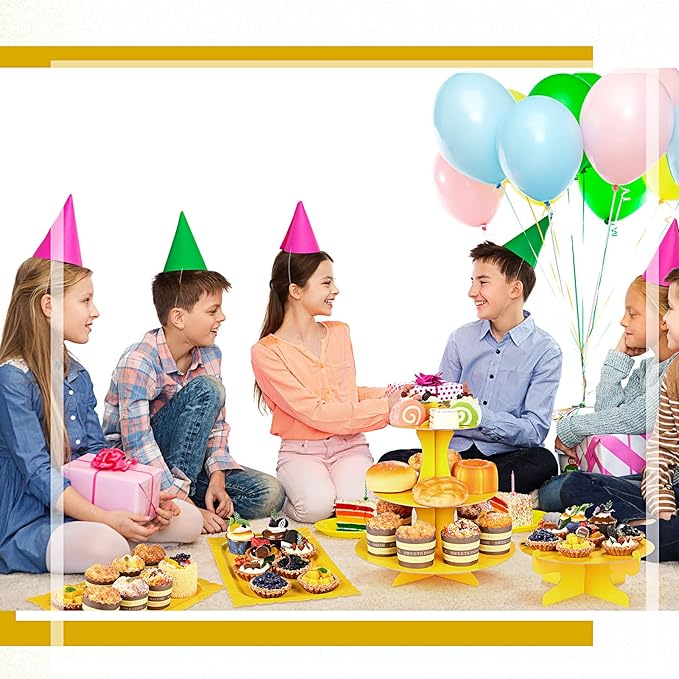 Zopeal 7 Pcs Dessert Table Display Set 3-Tier Cupcake Stand 1-Tier Cup Cake Display Tower Platters and Serving Trays Cardboard Cake Cookie Holders for Wedding Birthday Party Baby Shower(Yellow)