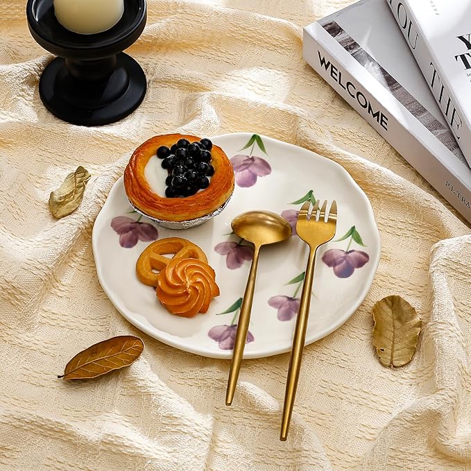 Koythin Floral Ceramic Dinner Plates, 8" Microwave Safe Dishes for Pasta, Modern Rustic Appetizer Plate for Salad Fruits Dessert Cake (Purple Tulip)