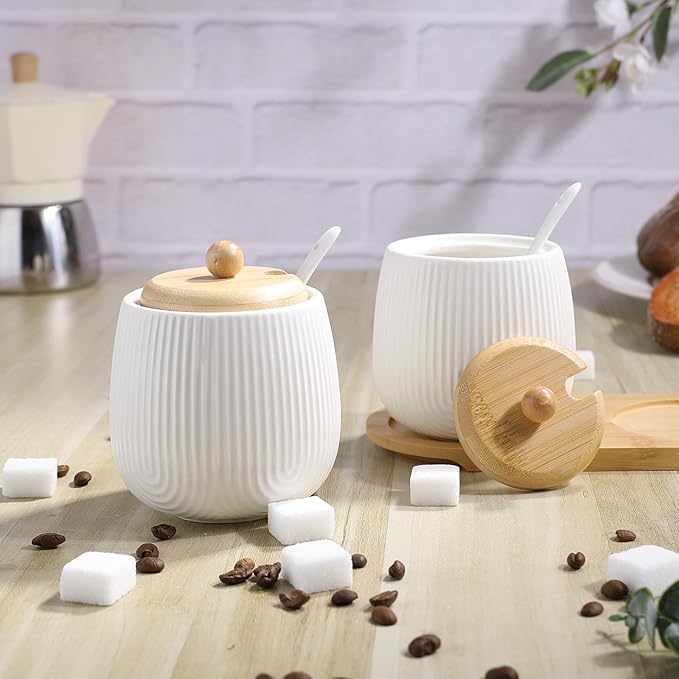 Sugar Bowl Set of 2,Ceramic Sugar Bowl with Lid and Spoon,Sugar Jar Seasoning Container Set for Coffee Bar Kitchen Home (2, White)