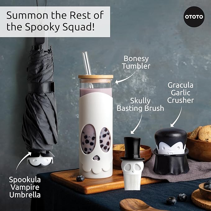 OTOTO NEW Bonesy Glass Tumbler with Straw and Lid - 17oz Cute Water Bottle Tumblers, Goth Accessories, Spooky Gifts, Halloween, Skull Glass Cup with Lid and Straw, Goth Gifts (White)