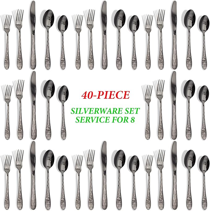 40PCS Black Silverware Set for 8, 18/10 Stainless Steel Flatware for 8, Elegant Honeycomb Design Tableware Cutlery Include Knife/Fork/Spoon Service for 8, Mirror Polished, Dishwasher Safe (Black)…