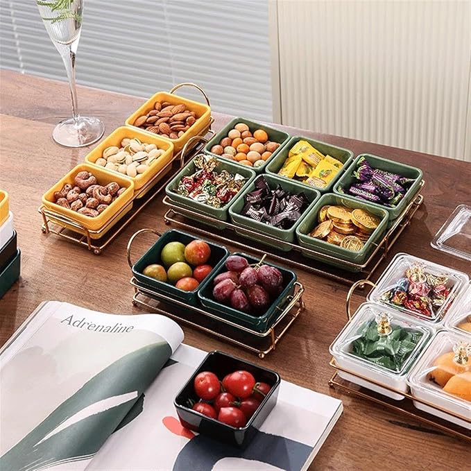 Divided Spice Plate with Lid, Metal Tray, Removable Compartment, Dipping Bowls for Appetizers, Fruit, Ice Cream, Sweets, Nuts, Snacks, Chips, Dip Bowls, Ceramic Sauce Plates (Colour: B)