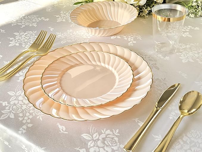 " OCCASIONS " 50 Plates Pack (25 Guests)-Vintage Wedding Party Disposable Plastic Plate Set -25 x 10.25'' Dinner + 25x7.5'' Salad/dessert plates (Blossom Blush Pink & Gold)