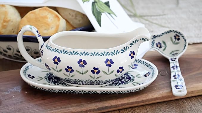 Blue Rose Polish Pottery Blue Daisy Gravy Boat & Ladle