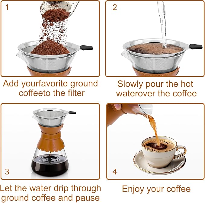 34oz Pour Over Coffee Maker with Double Layer Stainless Steel Filter, Borosilicate Glass Dripper, Detachable Heat-Resistant Leather Pad 7-8 Cups Coffee Maker CarafeοΌLight brownοΌ