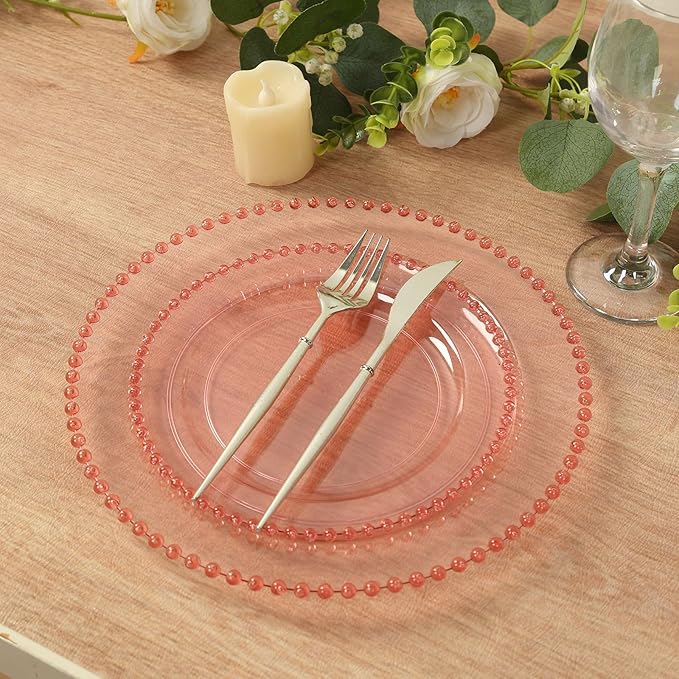 10" Dinner Plates - Set of 20 - Plastic Transparent Blush Round Disposable Plate Beaded Rim, Ideal for Decoration Party Wedding Bulk Events