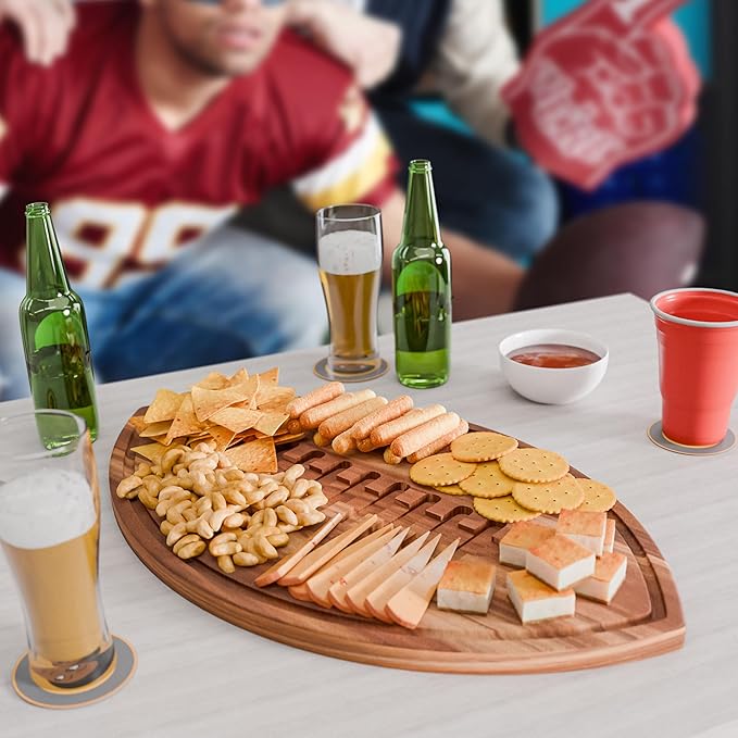 New – Giant Football Shaped Cutting Board – Jumbo Size Acacia Wood Charcuterie Tray – Extra Large Wooden Football Serving Platter for Super Bowl Parties, Tailgate Hosting & Gifts