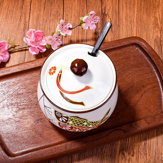 Ceramic Sugar Bowls with Spoon and Lid Porcelain Salt Container with Black Stainless Steel Spoon