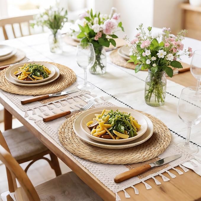 Placemats Set of 4-11.8inch Round Woven Rattan Place Mats & 11.8" x 17" Cotton Braided Placemat for Dining Table Boho Decor, Rustic Farmhouse Wicker Dinner Charger Plates Heat Resistant, 8Pcs