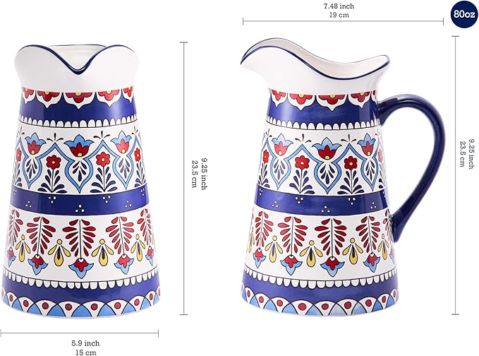 Bico Boho Totem Ceramic 2.5 Quarts Pitcher with Handle, Decorative Vase for Flower Arrangements, Dishwasher Safe