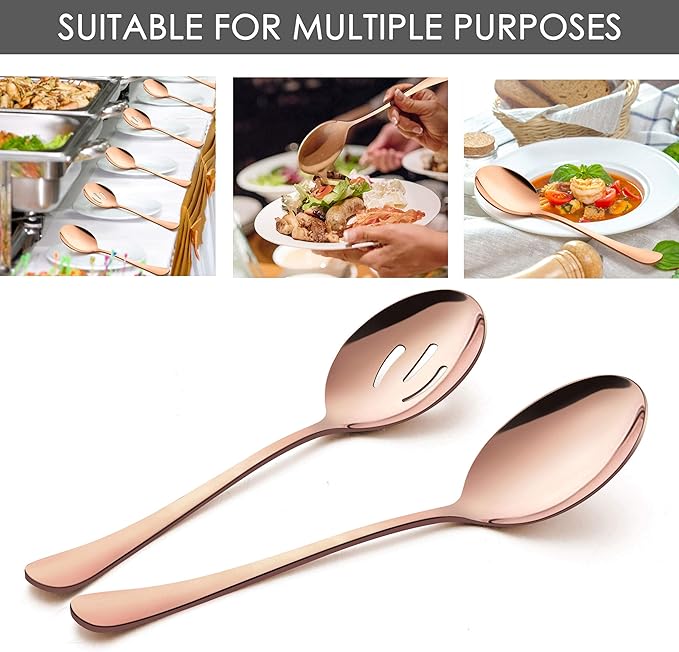 LIANYU 8-Piece Large Copper Serving Spoons, Copper Slotted Serving Spoons, 9.8Inch Stainless Steel Serving Utensils for Party Buffet Restaurant Banquet Dinner Catering, Dishwasher Safe