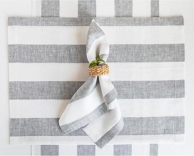 Solino Home Linen Placemats Set of 4 - Cabana Stripe Grey and White Placemats 14 x 19 Inch - 100% Pure Linen Place Mats for Christmas, Winter, New Year