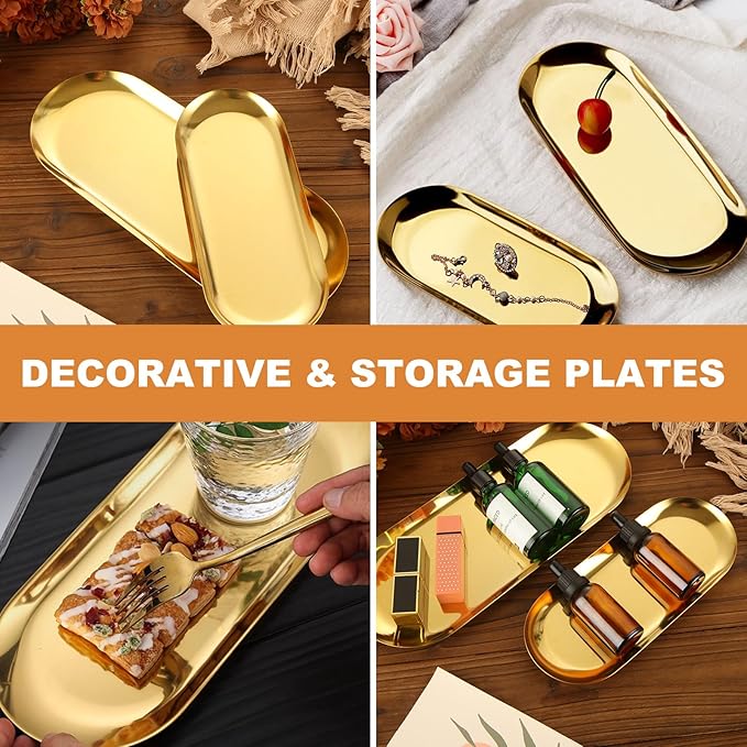 4PCS 304 Stainless Steel Serving Tray Set Gold Platters for Serving Food Large Metal Trays Decorative 12" 9” Long Plate Oval Storage Trays Thickened Serving Dishes for Party Buffet Sushi Snack