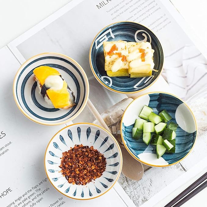 HEXEH Salad Plate 4pcs Household Round Ceramic Sauce Dish Soy Sauce Dipping Bowls Appetizer Plates Side Dishes Serving Dish Japanese Style Dinnerware Set Plastic Plate (Color : E)