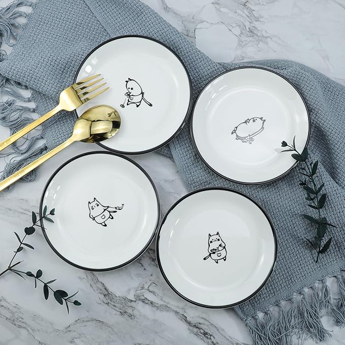 SOCOSY Cute Cartoon Chef Cat Ceramic Seasoning Dishes Sauce Dish Sushi Dipping Bowl Appetizer Plates Tea Bag Holder Serving Dish for Kitchen, 5 Inch, Set of 4