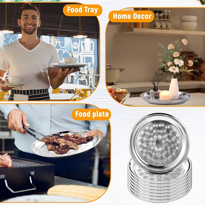 12 Pack Stainless Steel Round Serving Tray with Swirl Pattern Bulk Large Round Tray Silver Metal Display Serving Platter for Coffee Party Club Home (12 Inch)