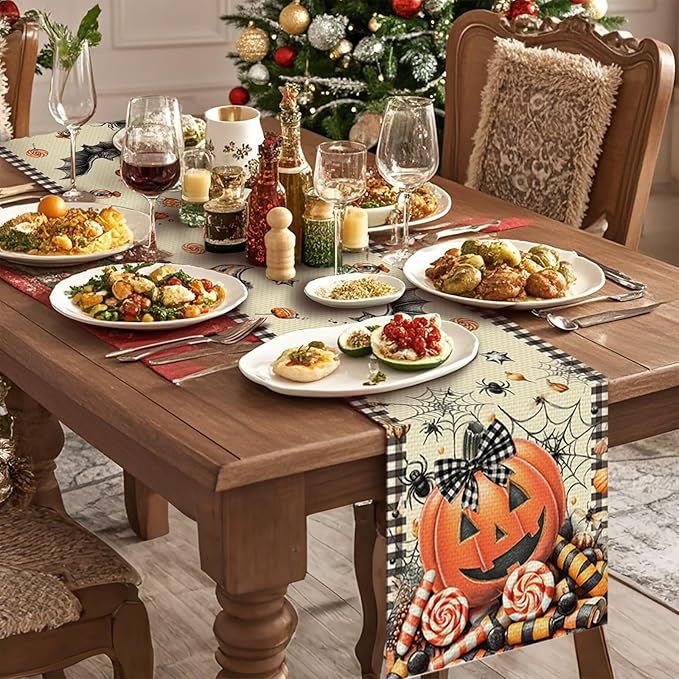 Pumpkin Halloween Table Runner Seasonal Fall Kitchen Dining Linen Table Decoration for Indoor Outdoor Home Party Decor 13 x 72 Inch
