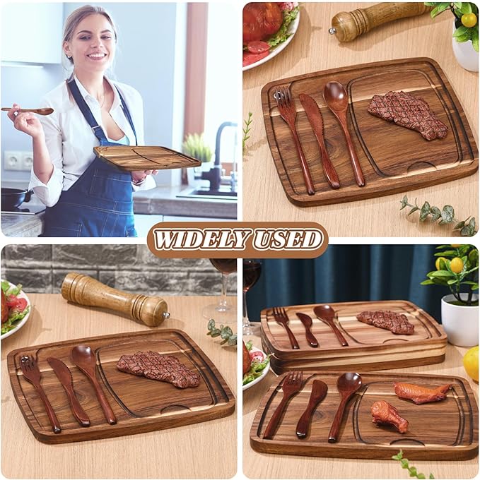 Hushee 16 Pcs Acacia Wooden Steak Plates Board Serving Tableware Set Include Wooden Plates with Juice Channel, Knives, Forks and Spoons for Christmas Kitchen Gift for Steak Lovers