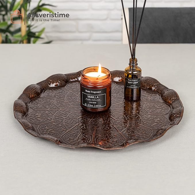 Alisveristime Turkish Ottoman Coffee Tea Serving Tray – 13.60 inches, Metal with Traditional Motifs, Available in Five Colors (Copper)