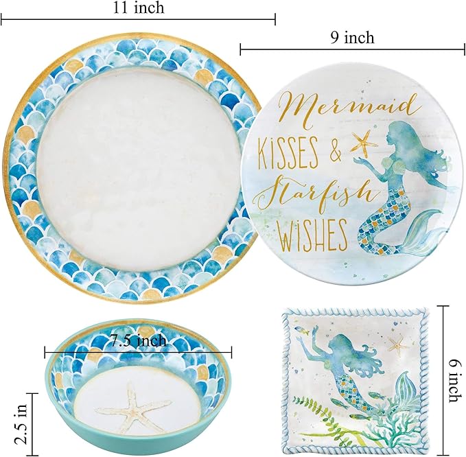 UP UPware Mermaid Melamine Square Dessert Plates, Small Serving Plates, for Appetizer, Snacks, and Side Dishes, Blue, 6 Inch, Set of 4