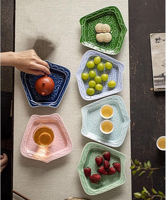 Sauce Dish Creative Relief Auspicious Clouds Plate Zen Tea Point Plate Ceramic Snack Plate Dessert Snack Plate Snacks Fruit Plate Snack Plate(Blue)