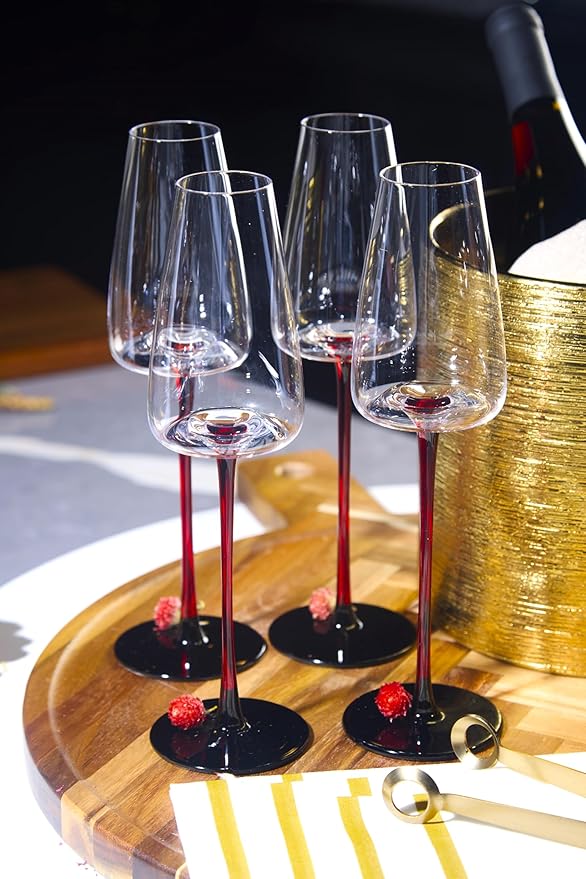 LEMONSODA Concave Champagne & Wine Glasses - Modern Red Stem & Black Bottom for Sparkling Wine, Rosé, Prosecco, Champagne – Handcrafted Barware, Perfect for gift (9oz, Set of 2)