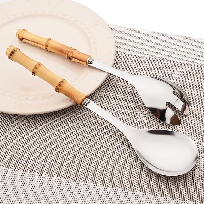 Gugrida Flatware Silverware Serving Set Silver Stainless Steel Hostess Serving Utensil Set with Bamboo Handle Dishwasher Safe, 2 Serving Spoon 2 Serving Fork
