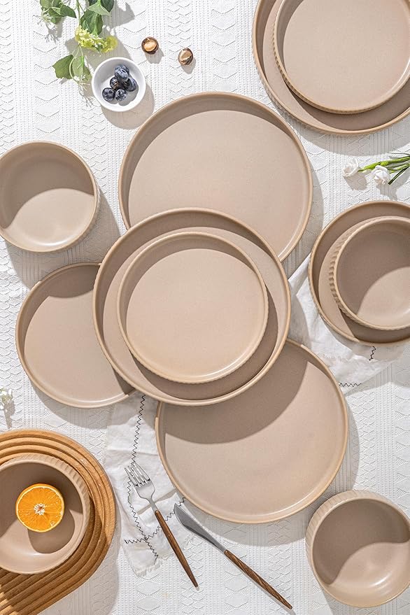 Dinnerware Sets for 4,Microwave Safe Plates and Bowls Sets,12 Piece Dylan Dish Set,Reactive Glaze Stoneware Dinnerware Set (Matte Reactive Khaki Beige, Service for 4 (12pcs))