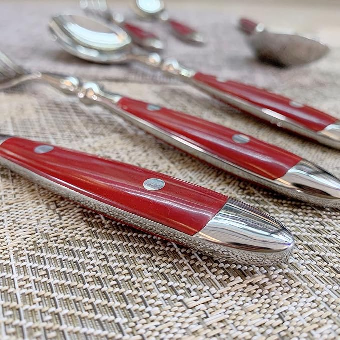 IKXO 16 Pieces Red Gum Wood Handle Silverware Set for 4, Exquisite Ergonomic Flatware Set Food-Grade Stainless Steel Cutlery Set, Tableware Eating Utensils, Mirror Finished, Dishwasher Safeβ¦