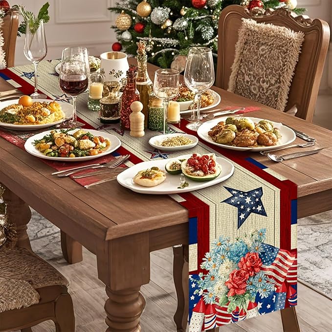 American Flag Flower Table Runner Seasonal Holiday Kitchen Dining Linen Table Decoration for Indoor Outdoor Home Party Decor 13 x 72 Inch