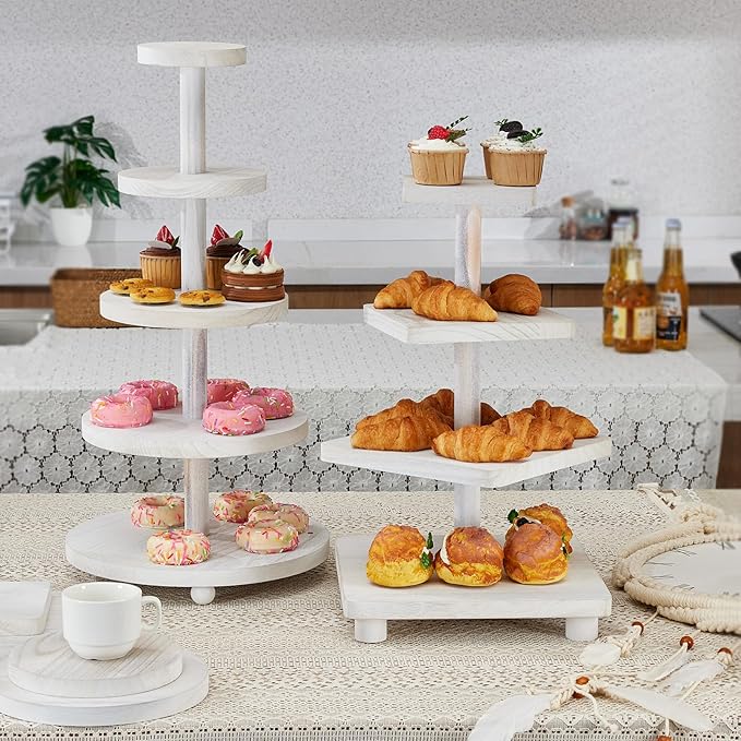 Weselljars Wooden Cupcake Stand Holder:4-Tierd 20in White Square Cake Stand,Rustic Dessert Table Display,Easy to Assemble and with Instruction,Great for Wedding/Party/Birthday/Home Decor