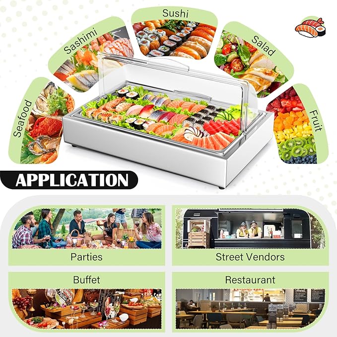 Ice Food Serving Display Tray with Clear Roll Top Cover, 1 x 1 Pan Stainless Steel Cold Food Buffet Condiment Dispenser Display Rack with 1 Clip & 2 Ice Trays for Restaurant Hotel Kitchen Party
