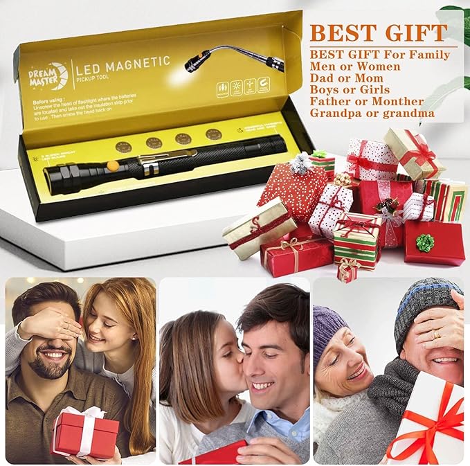 Magnetic Pickup Tool, Gifts for Men, Telescoping Magnet Flashlight, Gifts Idea & Stocking Stuffers for Men, Teen Boys, Mechanic, Boyfriend, Christmas Gifts for Dad, Husband, Father, Black